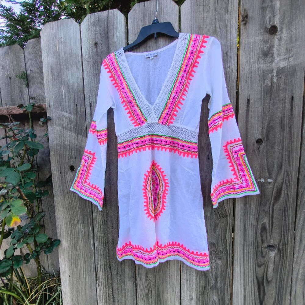 Debbie Katz South Beach Embroidered Pink White Swim Coverup Size M Boho Beach